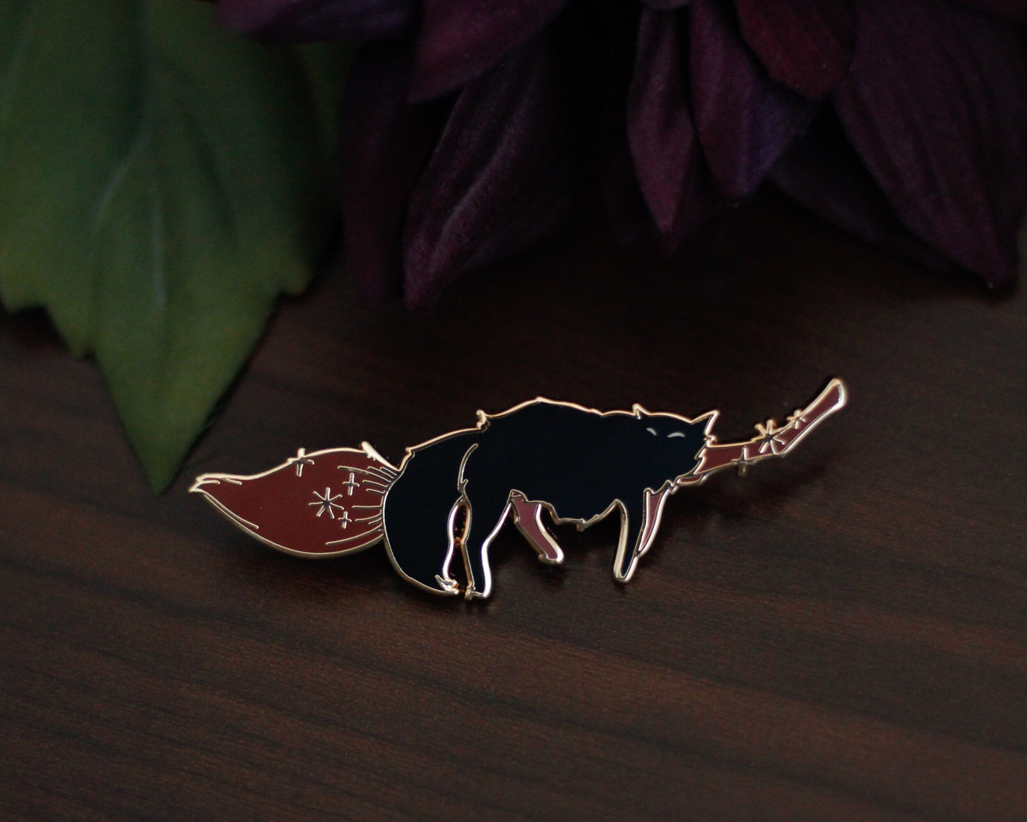 Sleepy Cat Familiar Broom Gold Hard Enamel Pin