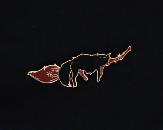 Sleepy Cat Familiar Broom Gold Hard Enamel Pin