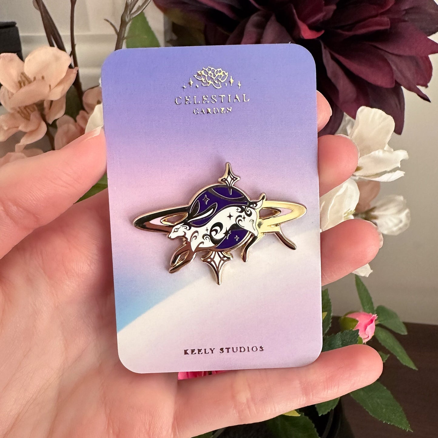 Gold Celestial Garden Leaping Cosmic Hare Hard Enamel Pin