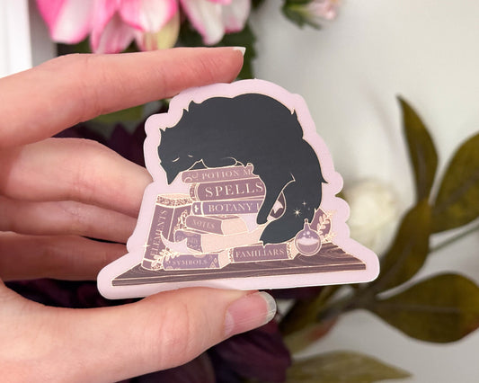 Sleepy Cat Familiar Books Die Cut Gold Mirror Effect Sticker