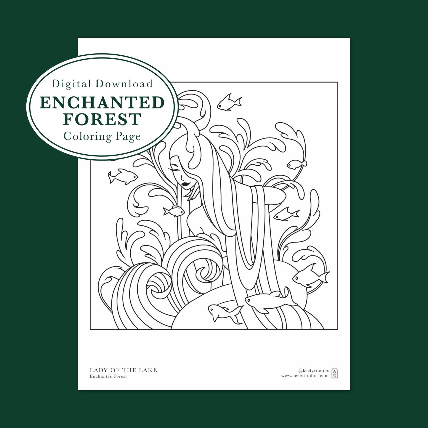 DIGITAL DOWNLOAD Coloring Page - Enchanted Forest Lady of the Lake