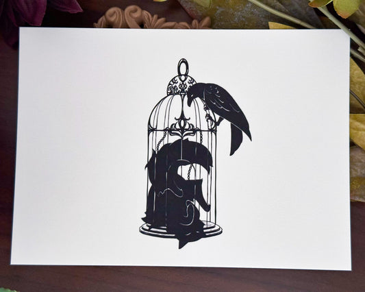 Sleepy Cat Familiar Art Print - Sleepy Cat and Raven - Cat Illustration - Black Cat Art Print - Magical Art Print - Keely Studios