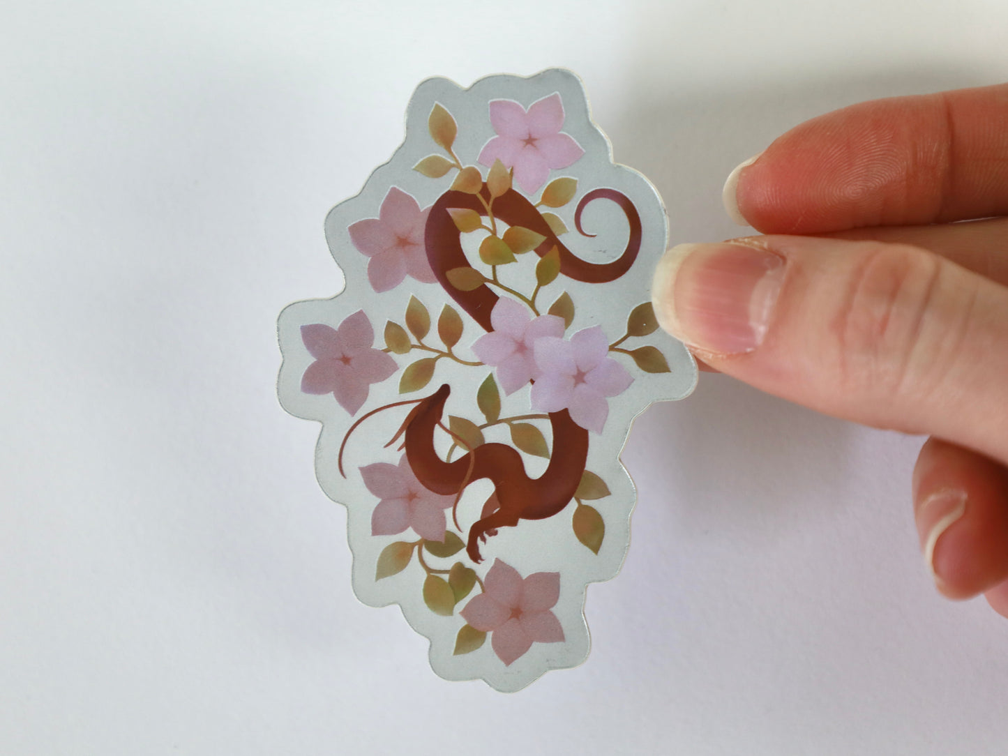 Vine Dragon with Flowers Mirror Effect Die Cut Sticker