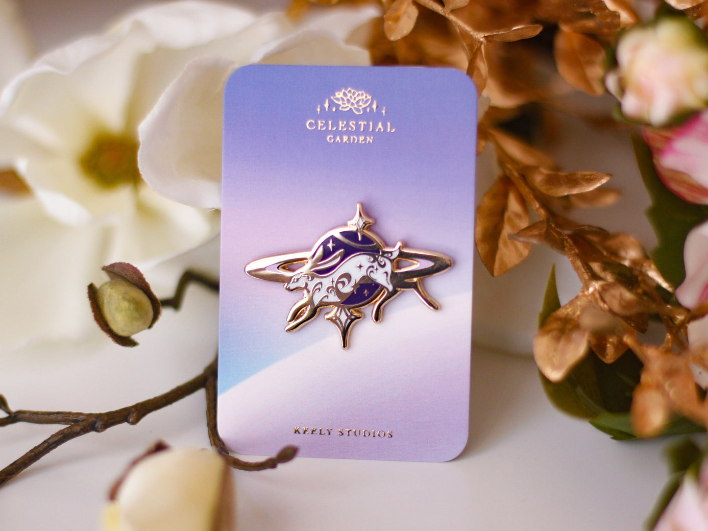 Gold Celestial Garden Leaping Cosmic Hare Hard Enamel Pin