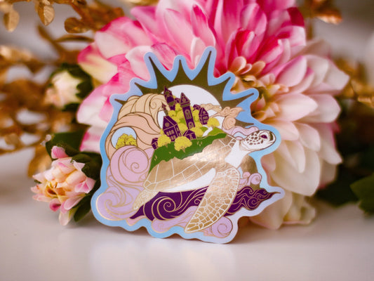 An Ocean of Sky Turtle Day Version Die Cut Gold Mirror Effect Sticker - Die Cut Sticker - Turtle Sticker - Magical Turtle Sticker