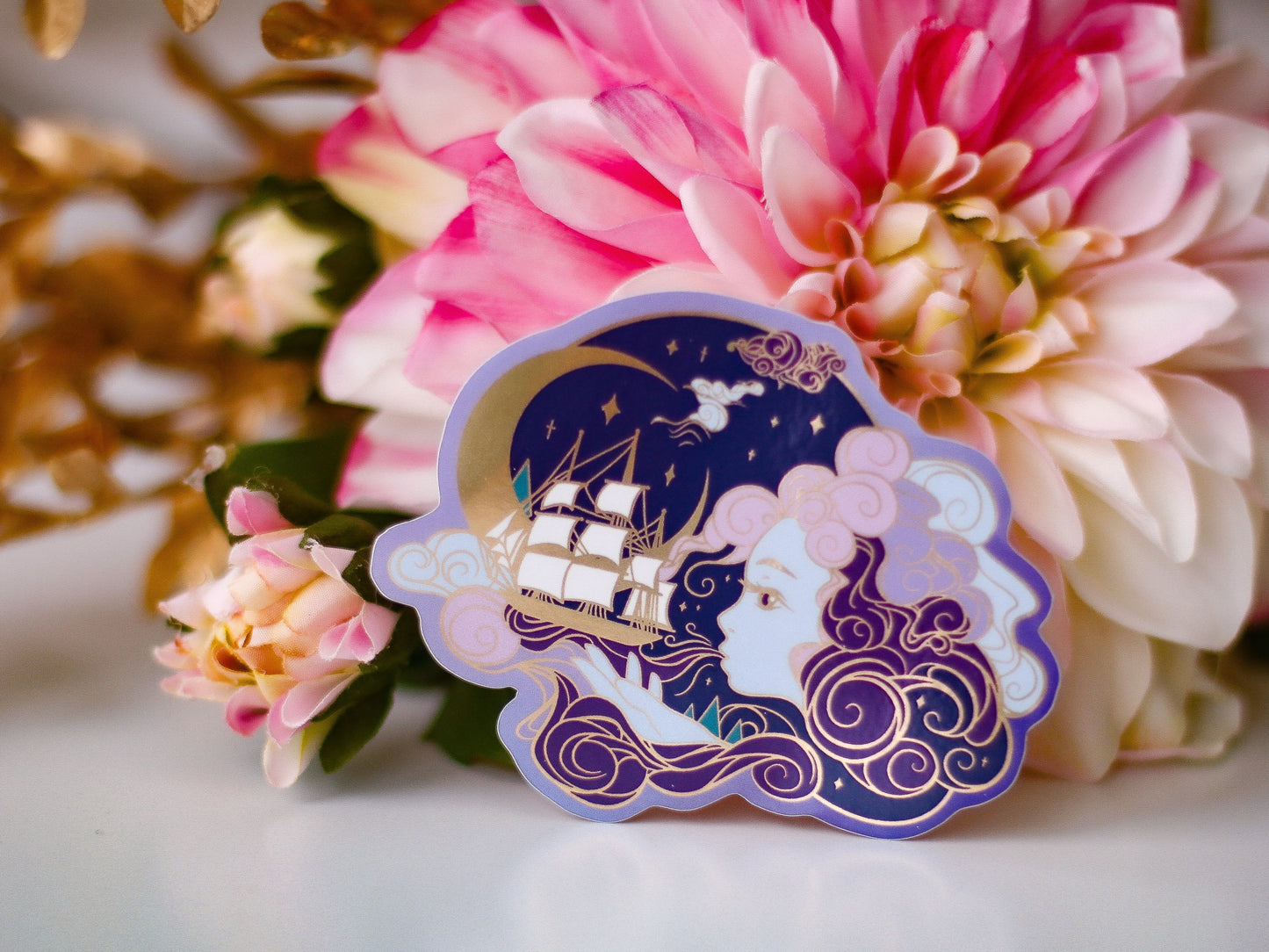 An Ocean of Sky Wind Goddess Night Version Die Cut Gold Mirror Effect Sticker - Die Cut Sticker - Goddess Sticker - Magical Goddess Sticker