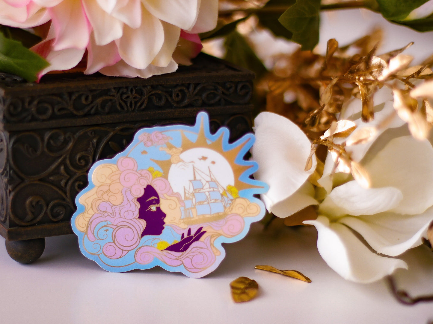 An Ocean of Sky Wind Goddess Day Version Die Cut Gold Mirror Effect Sticker - Die Cut Sticker - Goddess Sticker - Magical Goddess Sticker