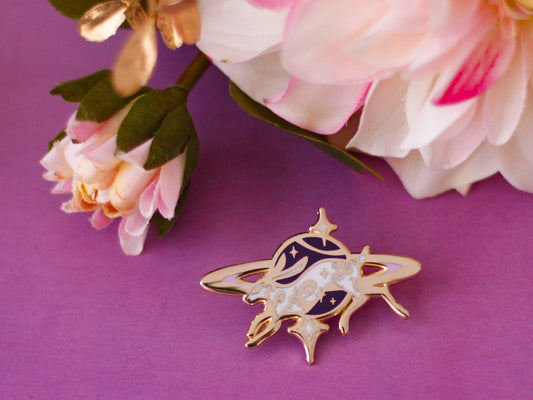 Gold Celestial Garden Leaping Cosmic Hare Hard Enamel Pin - Magical Galaxy Theme Enamel Pin - Bunny Enamel Pin - Keely Studios