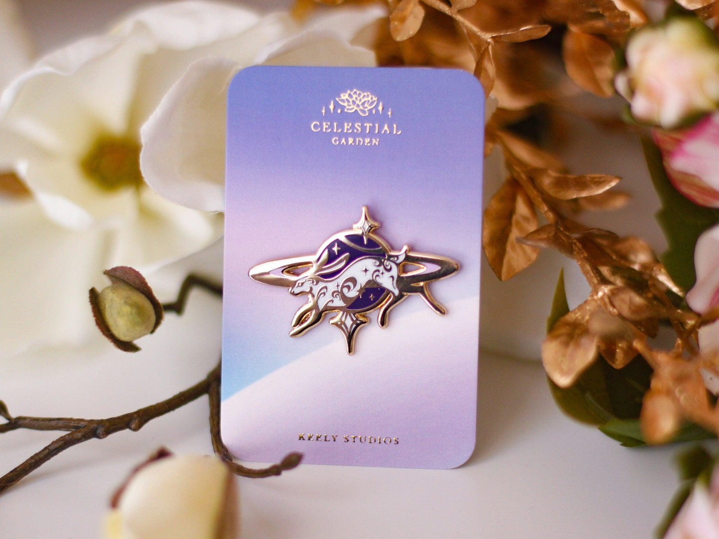 Gold Celestial Garden Leaping Cosmic Hare Hard Enamel Pin - Magical Galaxy Theme Enamel Pin - Bunny Enamel Pin - Keely Studios