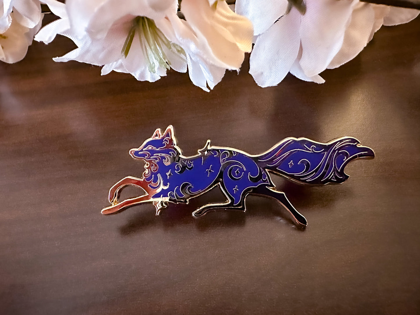Gold Celestial Garden Fox Spirit Hard Enamel Pin - Magical Galaxy Theme Enamel Pin - Fox Enamel Pin - Keely Studios