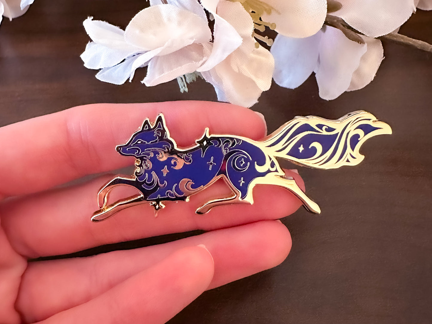 Gold Celestial Garden Fox Spirit Hard Enamel Pin - Magical Galaxy Theme Enamel Pin - Fox Enamel Pin - Keely Studios