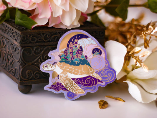 An Ocean of Sky Turtle Night Version Die Cut Gold Mirror Effect Sticker - Die Cut Sticker - Turtle Sticker - Magical Turtle Sticker
