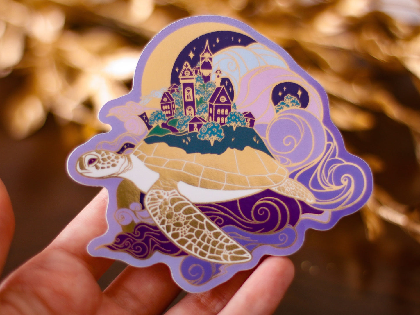 An Ocean of Sky Turtle Night Version Die Cut Gold Mirror Effect Sticker - Die Cut Sticker - Turtle Sticker - Magical Turtle Sticker