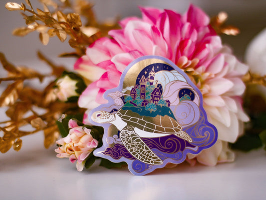 An Ocean of Sky Turtle Night Version Die Cut Gold Mirror Effect Sticker - Die Cut Sticker - Turtle Sticker - Magical Turtle Sticker