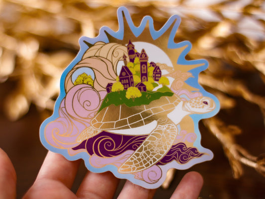 An Ocean of Sky Turtle Day Version Die Cut Gold Mirror Effect Sticker - Die Cut Sticker - Turtle Sticker - Magical Turtle Sticker