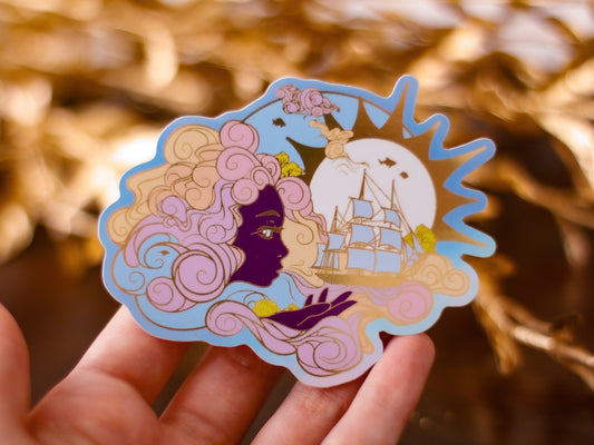 An Ocean of Sky Wind Goddess Day Version Die Cut Gold Mirror Effect Sticker - Die Cut Sticker - Goddess Sticker - Magical Goddess Sticker