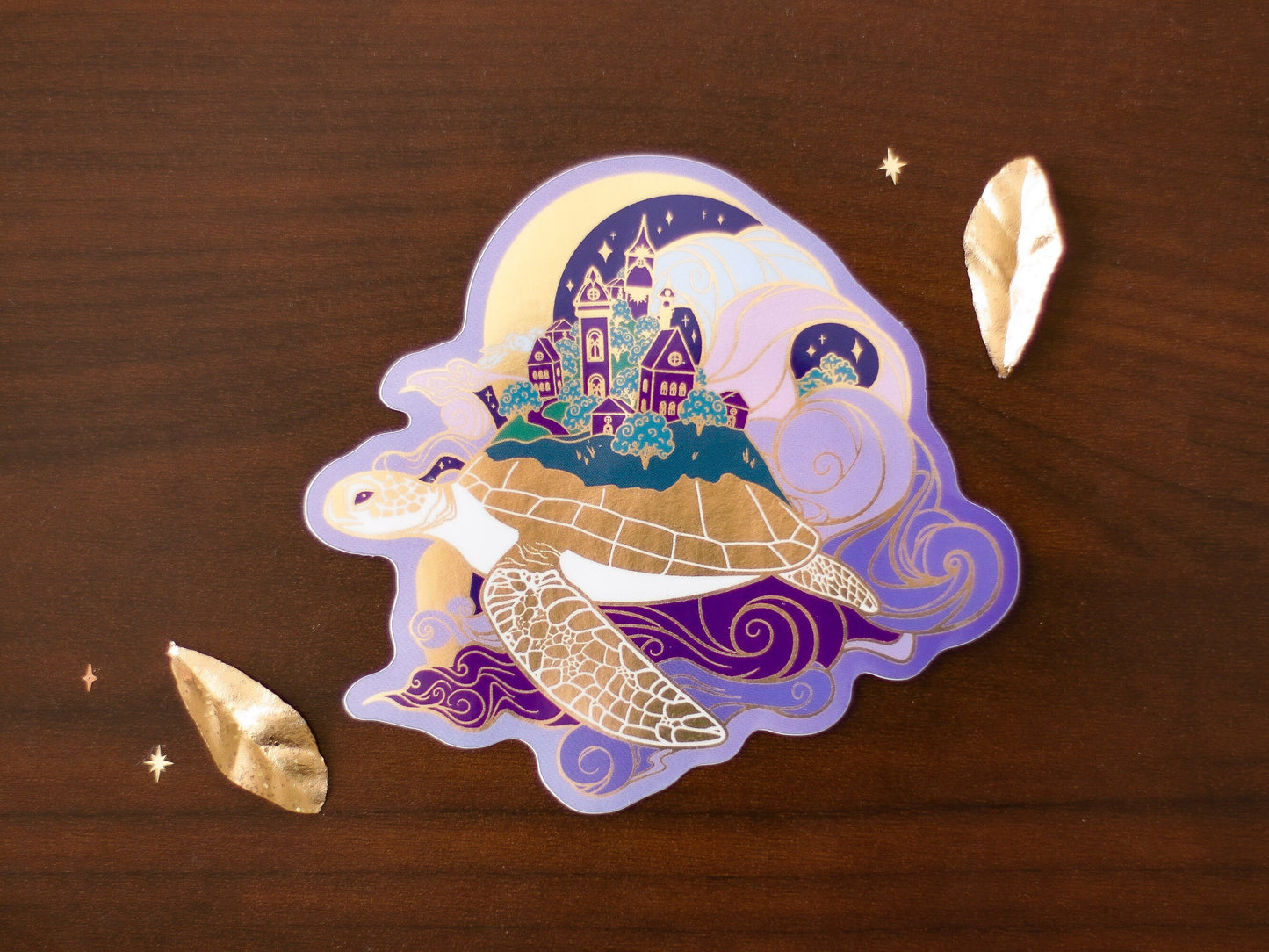 An Ocean of Sky Turtle Night Version Die Cut Gold Mirror Effect Sticker - Die Cut Sticker - Turtle Sticker - Magical Turtle Sticker