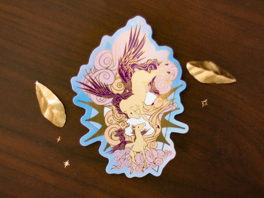 An Ocean of Sky Pegasus Die Cut Gold Mirror Effect Sticker - Die Cut Sticker - Pegasus Sticker - Magical Pegasus Horse Sticker