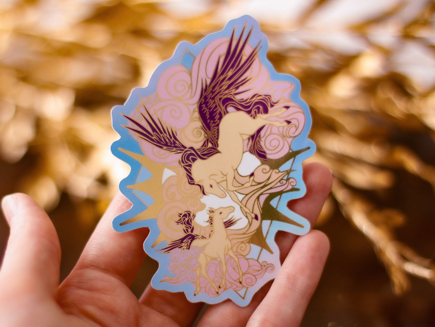An Ocean of Sky Pegasus Die Cut Gold Mirror Effect Sticker - Die Cut Sticker - Pegasus Sticker - Magical Pegasus Horse Sticker