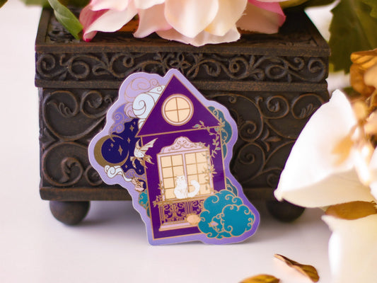 An Ocean of Sky Balcony Cat Die Cut Gold Mirror Effect Sticker - Die Cut Sticker - Cat Sticker - Magical Cat Sticker