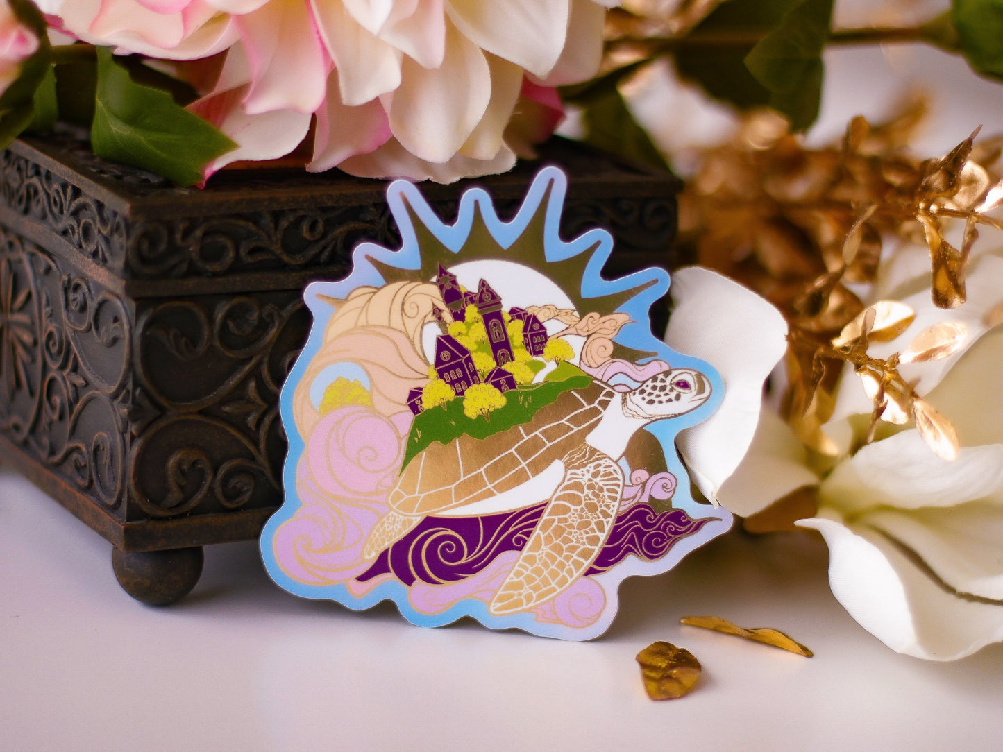 An Ocean of Sky Turtle Day Version Die Cut Gold Mirror Effect Sticker - Die Cut Sticker - Turtle Sticker - Magical Turtle Sticker