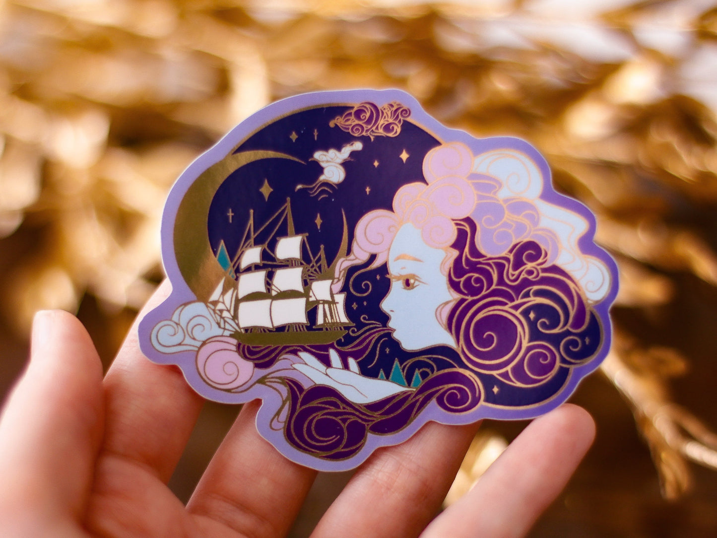 An Ocean of Sky Wind Goddess Night Version Die Cut Gold Mirror Effect Sticker - Die Cut Sticker - Goddess Sticker - Magical Goddess Sticker
