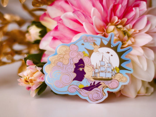 An Ocean of Sky Wind Goddess Day Version Die Cut Gold Mirror Effect Sticker - Die Cut Sticker - Goddess Sticker - Magical Goddess Sticker