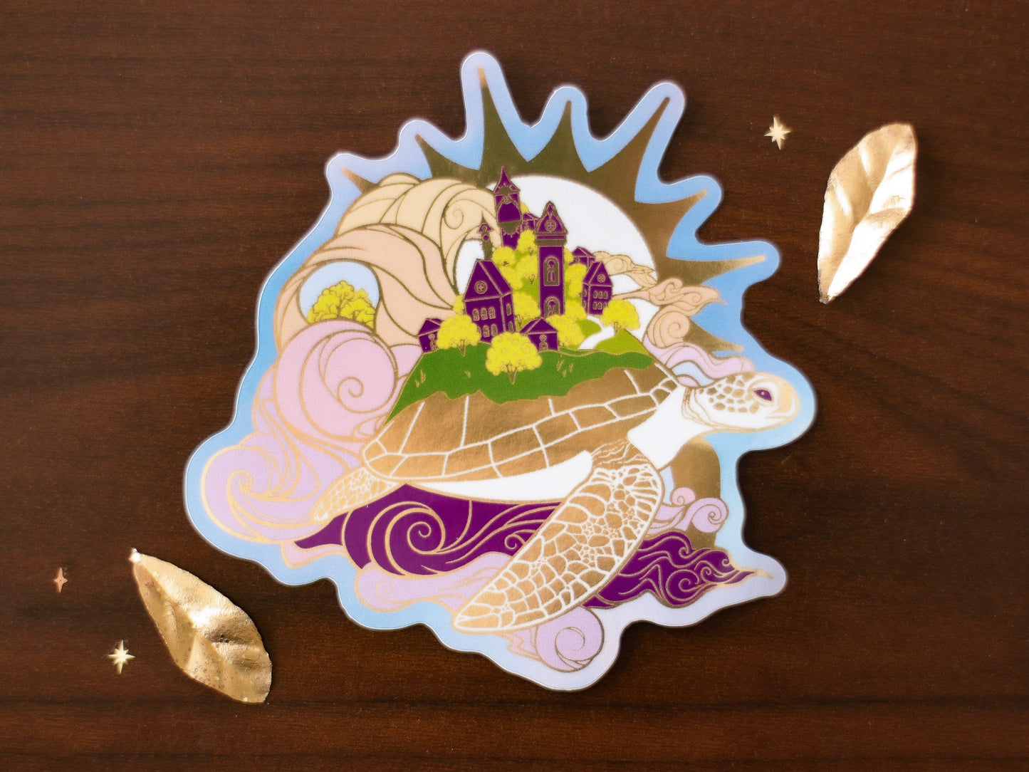 An Ocean of Sky Turtle Day Version Die Cut Gold Mirror Effect Sticker - Die Cut Sticker - Turtle Sticker - Magical Turtle Sticker