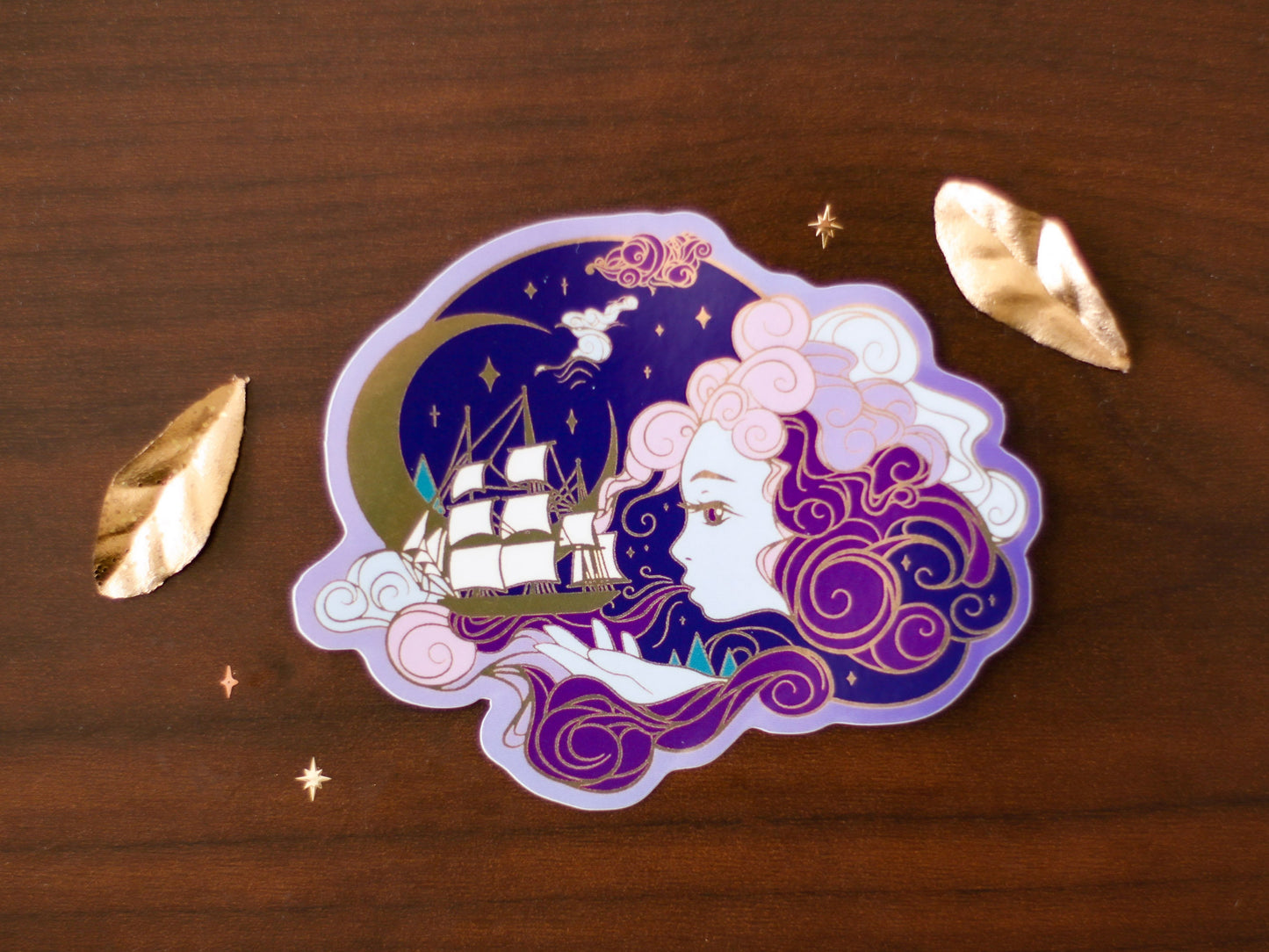 An Ocean of Sky Wind Goddess Night Version Die Cut Gold Mirror Effect Sticker - Die Cut Sticker - Goddess Sticker - Magical Goddess Sticker
