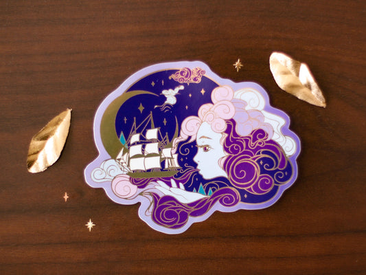 An Ocean of Sky Wind Goddess Night Version Die Cut Gold Mirror Effect Sticker - Die Cut Sticker - Goddess Sticker - Magical Goddess Sticker