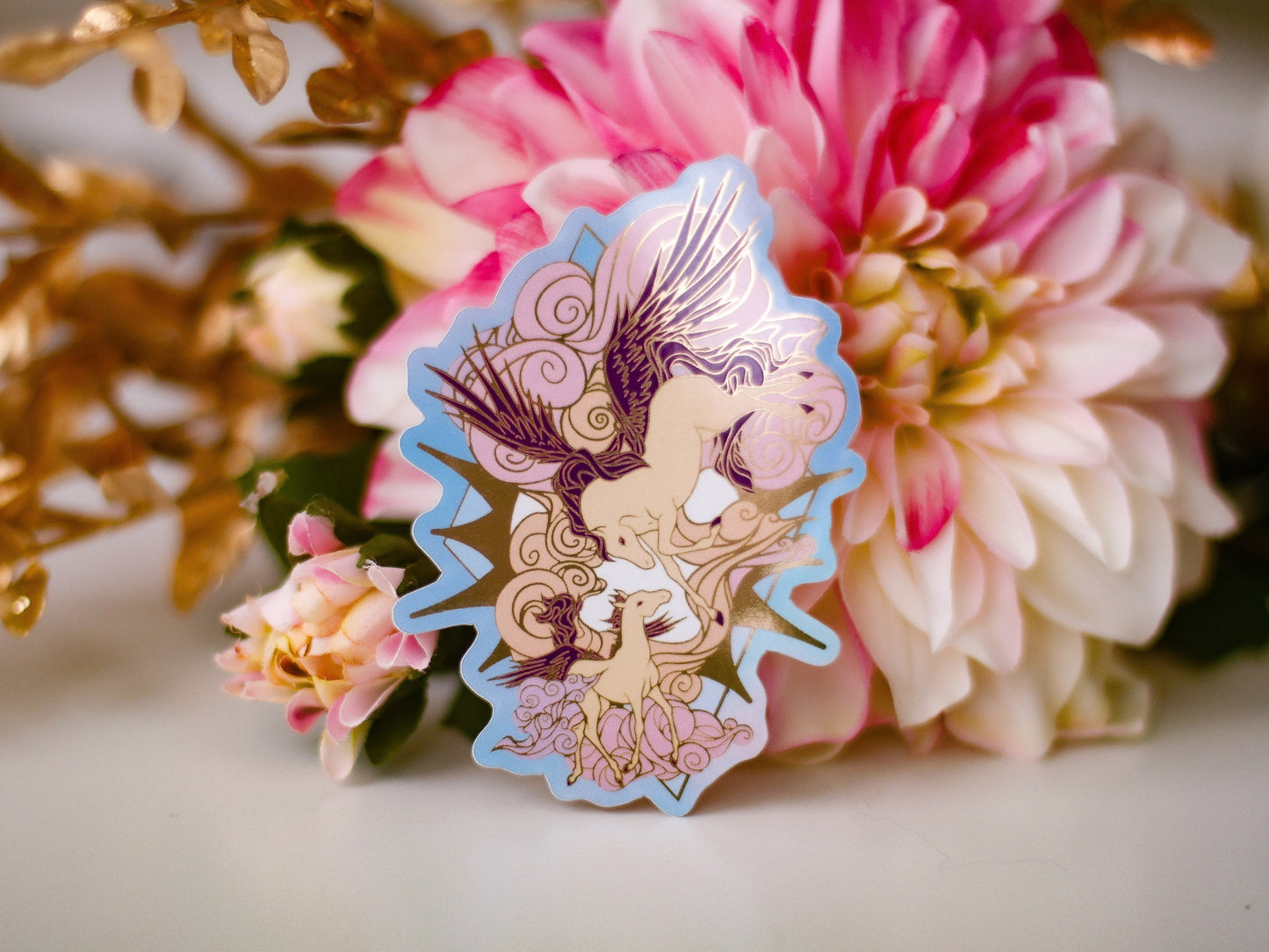 An Ocean of Sky Pegasus Die Cut Gold Mirror Effect Sticker - Die Cut Sticker - Pegasus Sticker - Magical Pegasus Horse Sticker