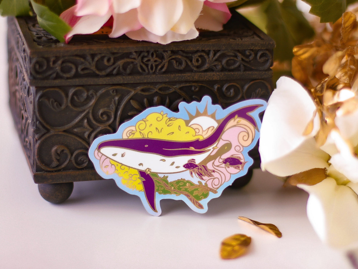 An Ocean of Sky Whale Die Cut Gold Mirror Effect Sticker - Die Cut Sticker - Whale Sticker - Magical Sky Whale Sticker