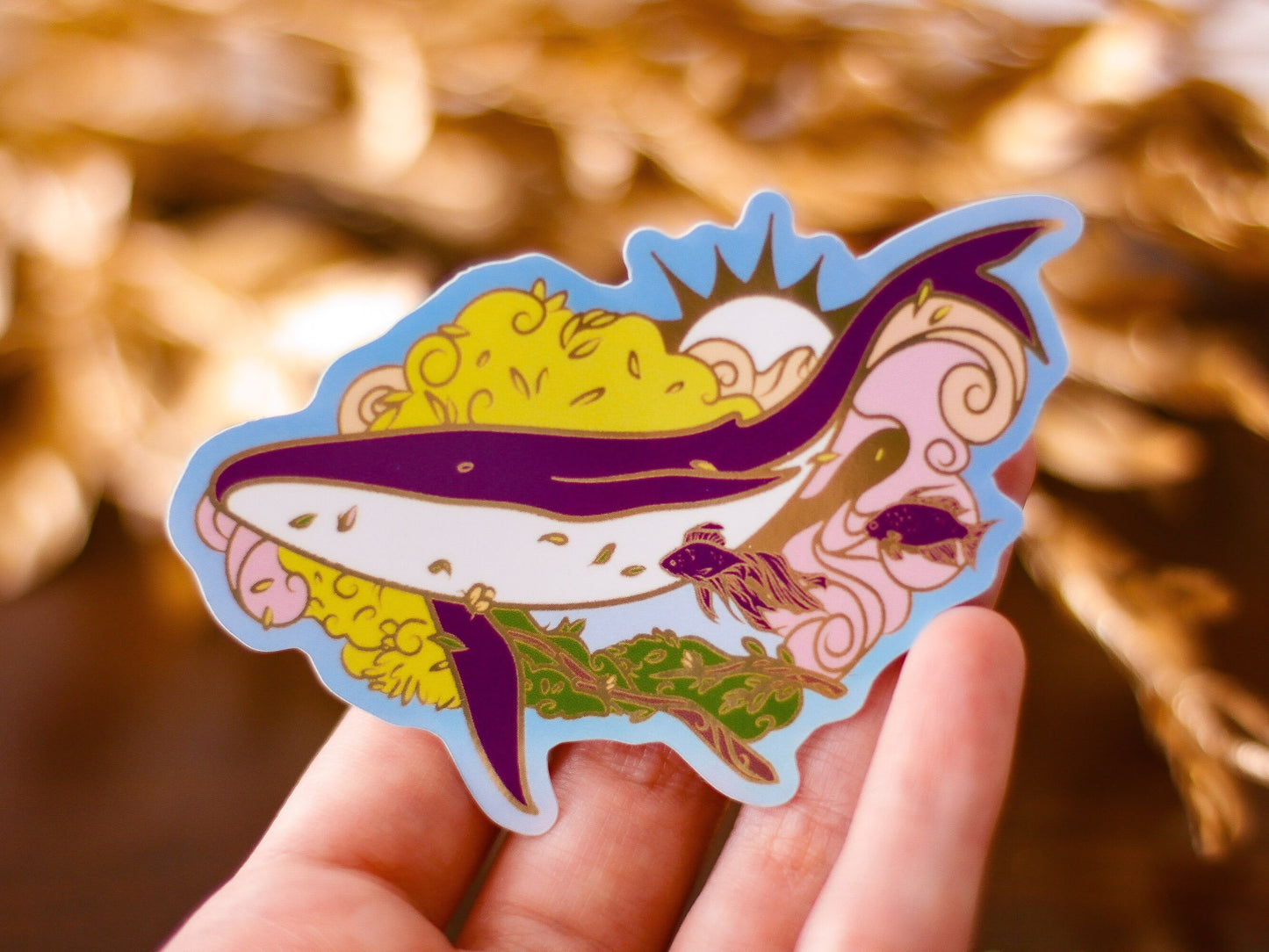 An Ocean of Sky Whale Die Cut Gold Mirror Effect Sticker - Die Cut Sticker - Whale Sticker - Magical Sky Whale Sticker