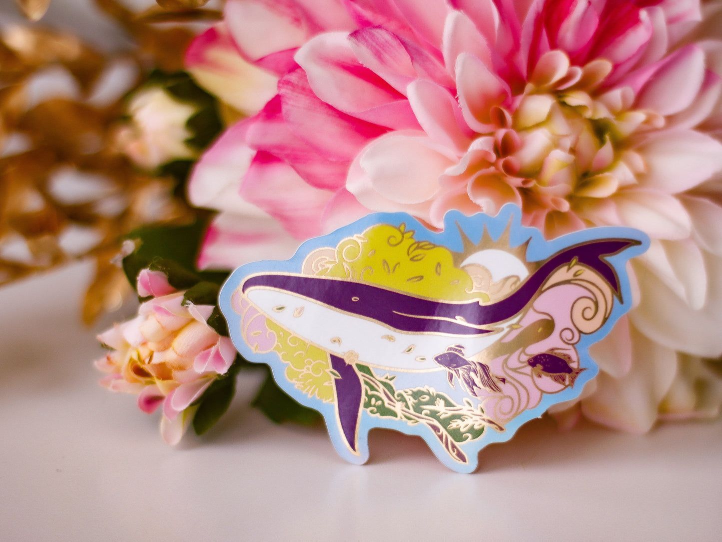 An Ocean of Sky Whale Die Cut Gold Mirror Effect Sticker - Die Cut Sticker - Whale Sticker - Magical Sky Whale Sticker