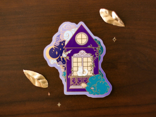 An Ocean of Sky Balcony Cat Die Cut Gold Mirror Effect Sticker - Die Cut Sticker - Cat Sticker - Magical Cat Sticker