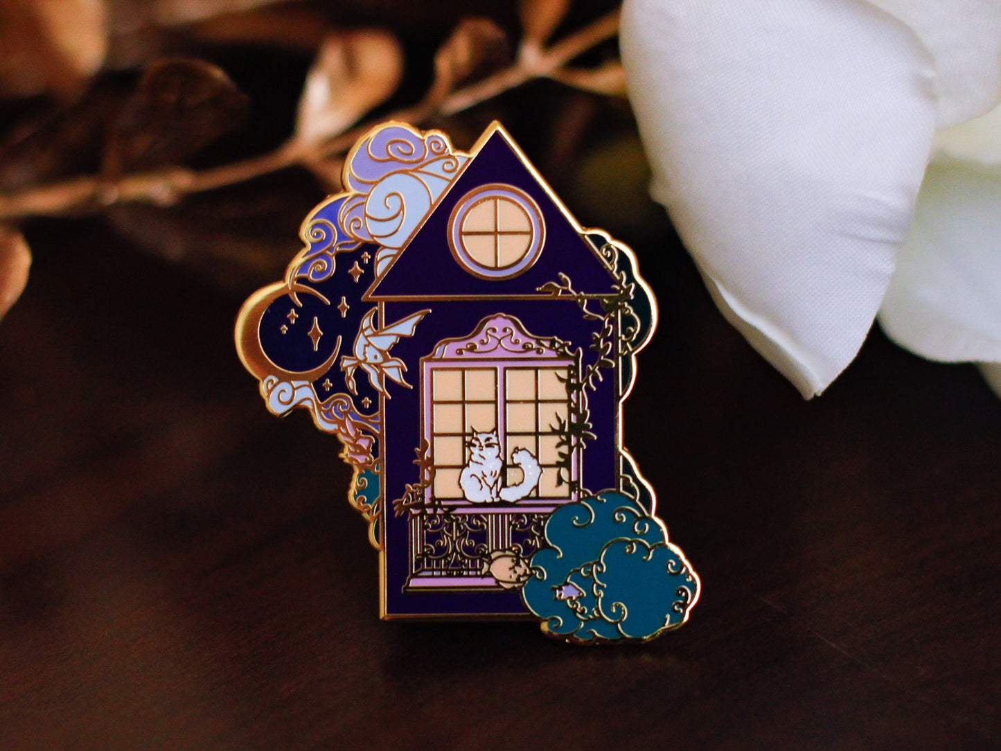 Gold Ocean of Sky Balcony Cat Hard Enamel Pin - Magical Fantasy Theme Lapel Pin - Cat Enamel Pin - Keely Studios