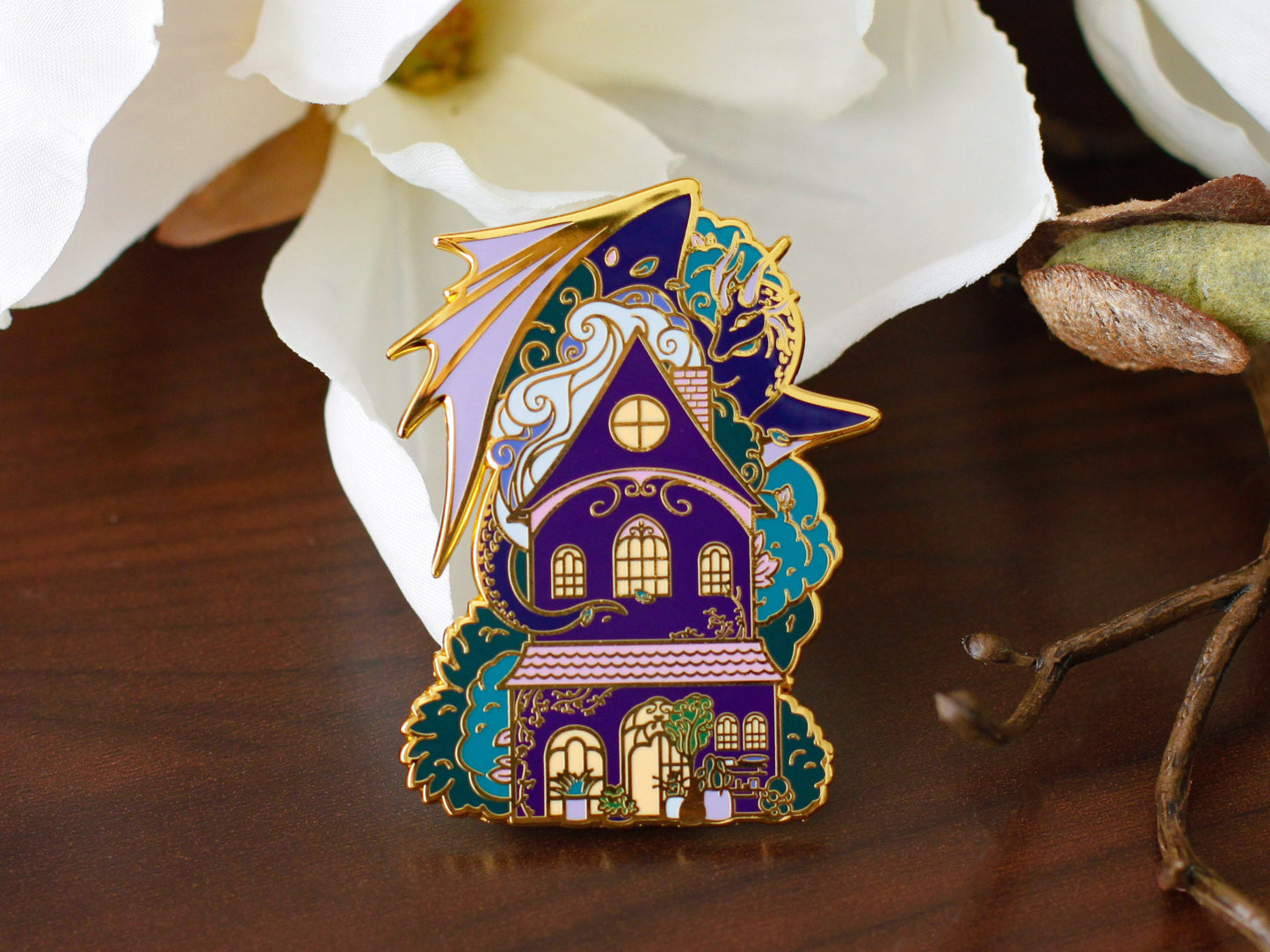 Gold Ocean of Sky Flower Shop Dragon Hard Enamel Pin