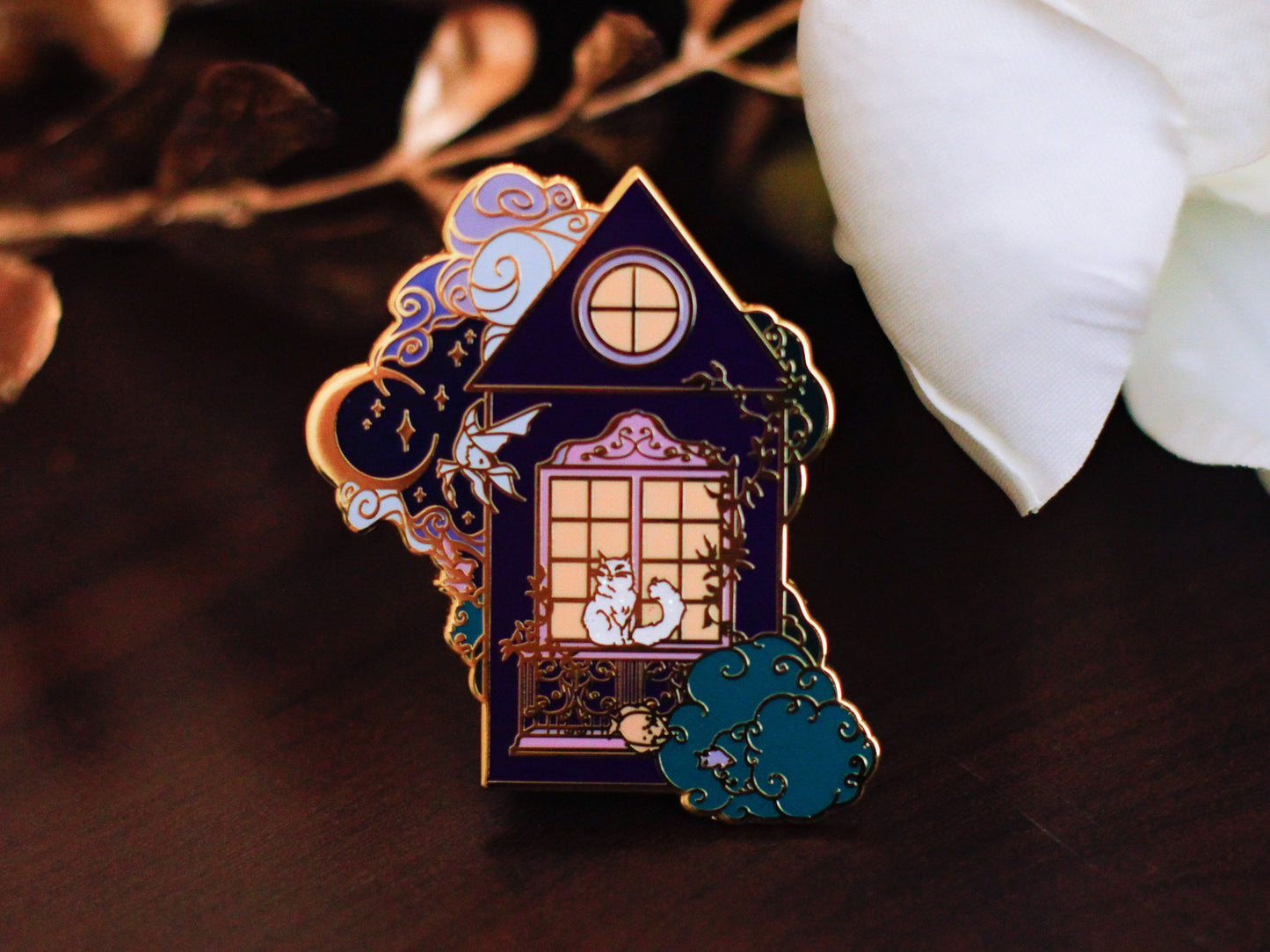 Gold Ocean of Sky Balcony Cat Hard Enamel Pin - Magical Fantasy Theme Lapel Pin - Cat Enamel Pin - Keely Studios