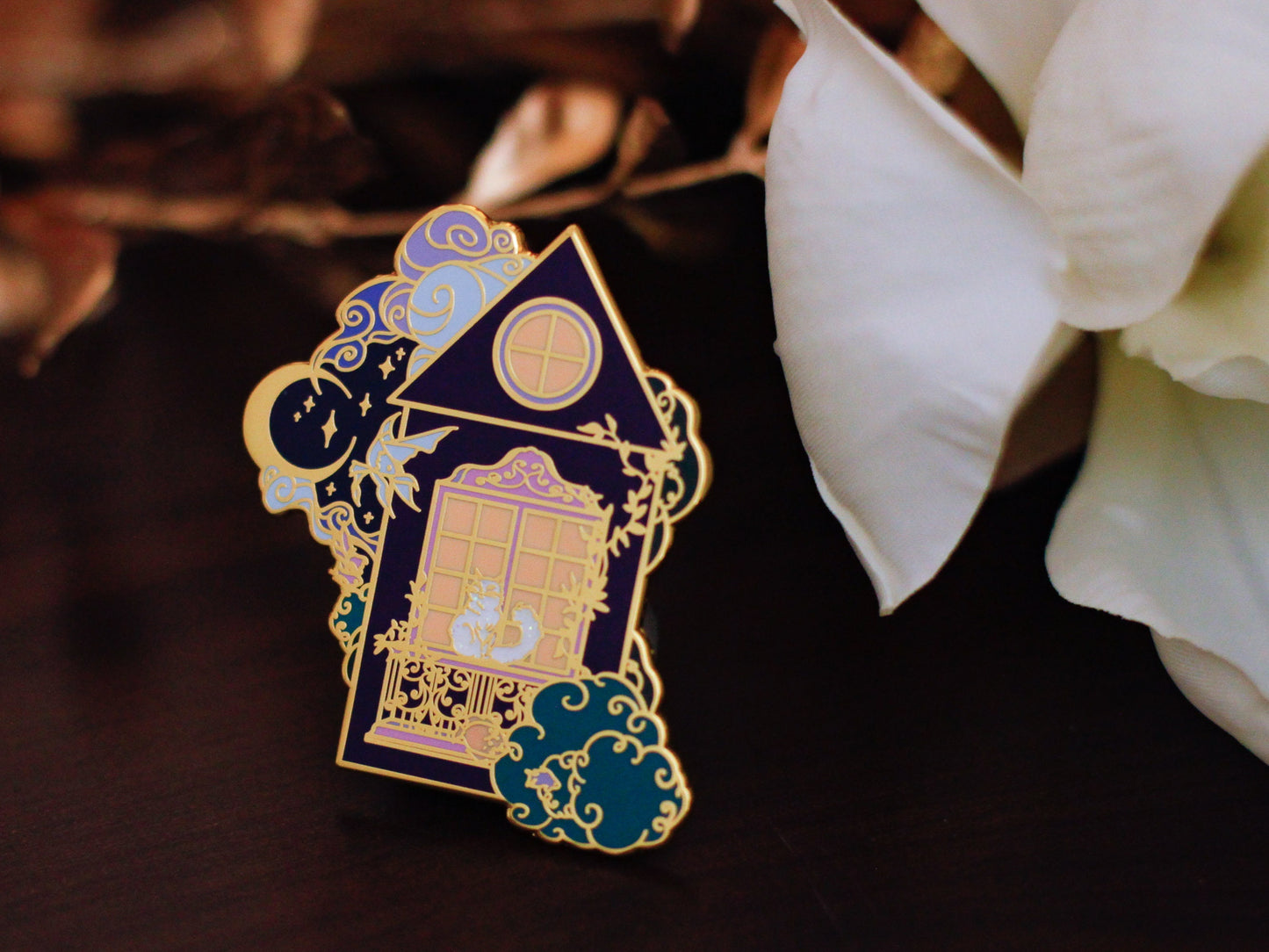 Gold Ocean of Sky Balcony Cat Hard Enamel Pin - Magical Fantasy Theme Lapel Pin - Cat Enamel Pin - Keely Studios