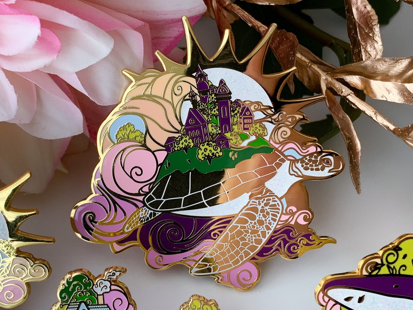 Gold Ocean of Sky Turtle Hard Enamel Pin - Day Version - Magical Fantasy Theme Lapel Pin - Turtle Enamel Pin - Keely Studios