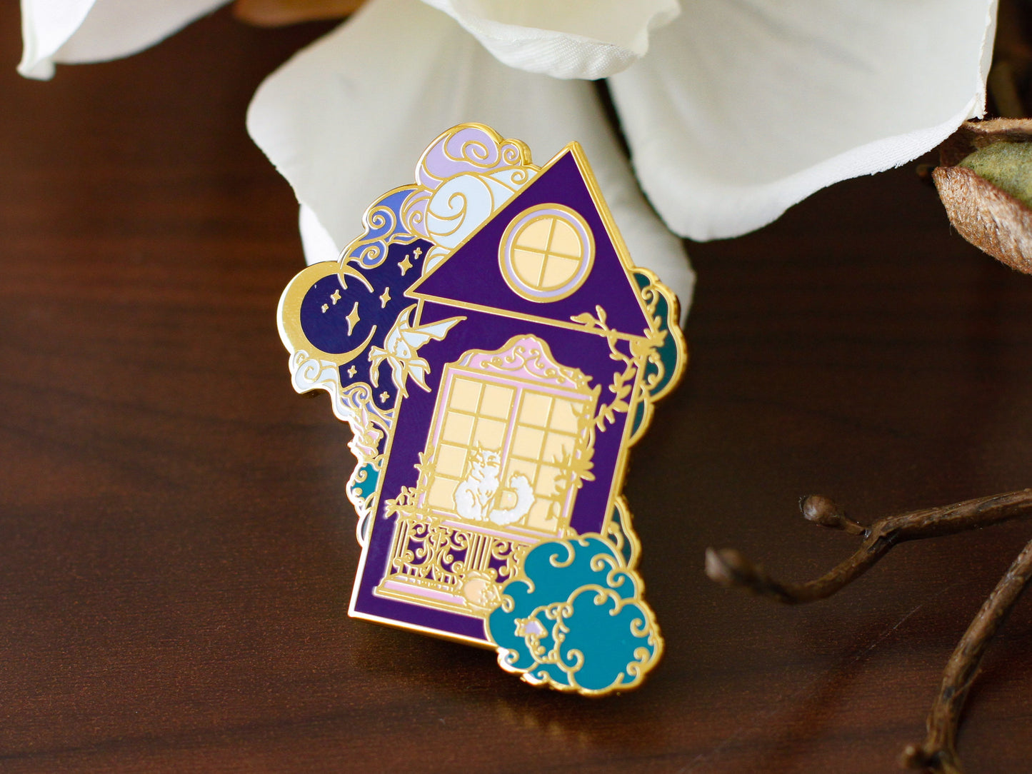 Gold Ocean of Sky Balcony Cat Hard Enamel Pin - Magical Fantasy Theme Lapel Pin - Cat Enamel Pin - Keely Studios