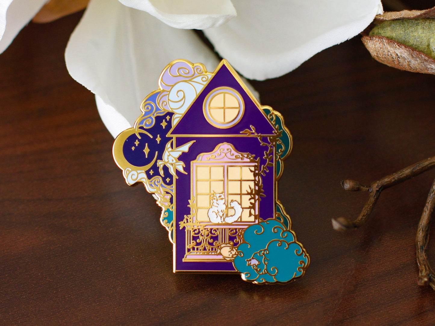 Gold Ocean of Sky Balcony Cat Hard Enamel Pin - Magical Fantasy Theme Lapel Pin - Cat Enamel Pin - Keely Studios