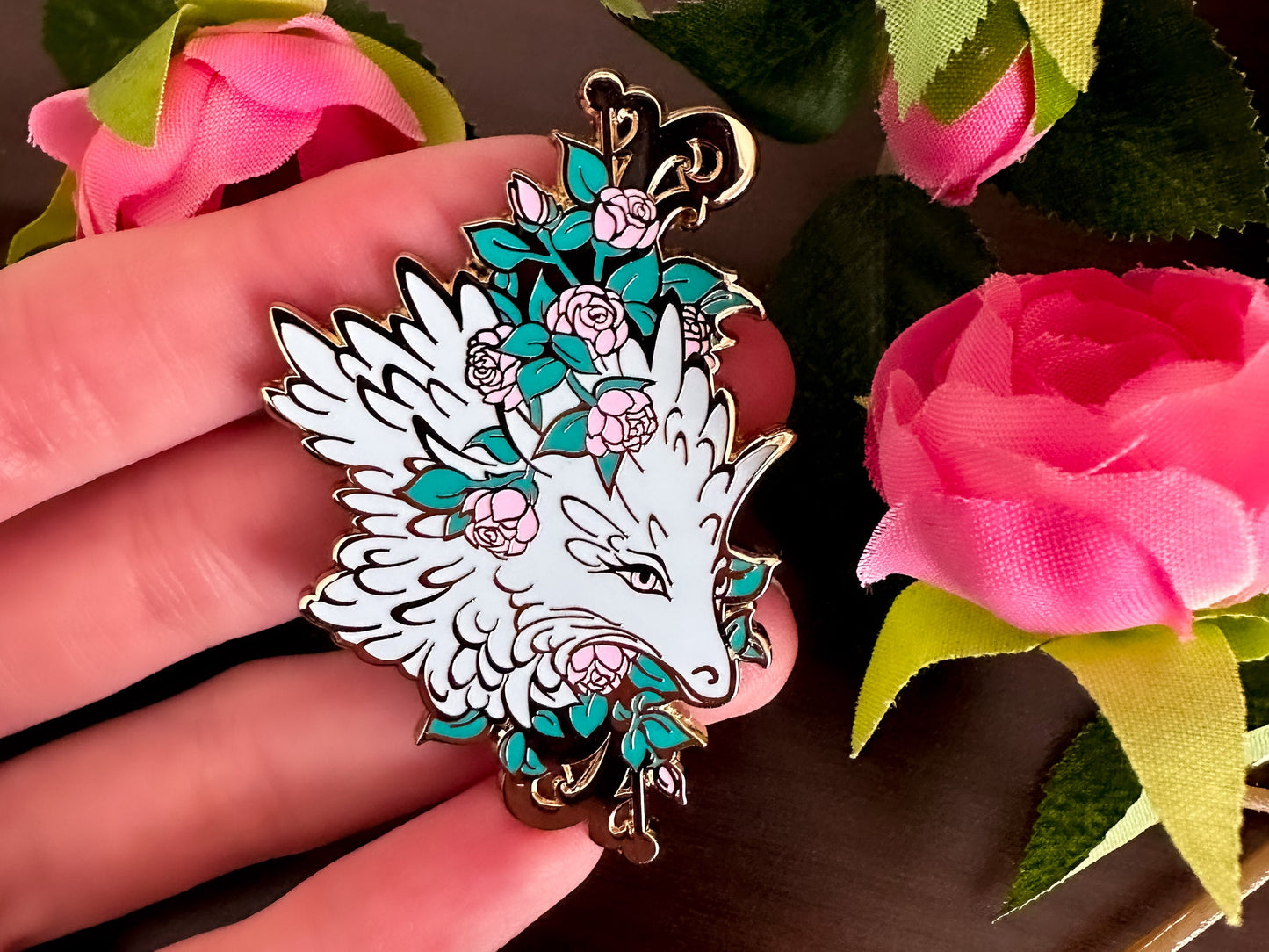 Gold Marvelous Manor Rose Dragon Hard Enamel Pin - Magical Fantasy Theme Lapel Pin - Dragon Enamel Pin - Keely Studios