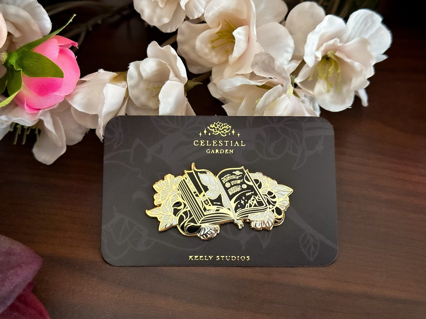 Gold Tome of Celestial Gardening Hard Enamel Pin - Black & White Edition - Celestial Garden Collection