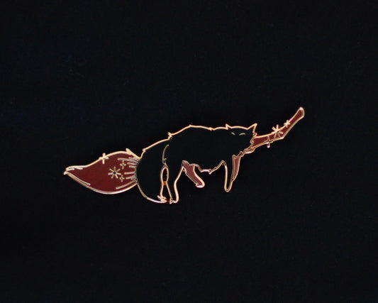 Gold Sleepy Cat Familiar Broom Hard Enamel Pin