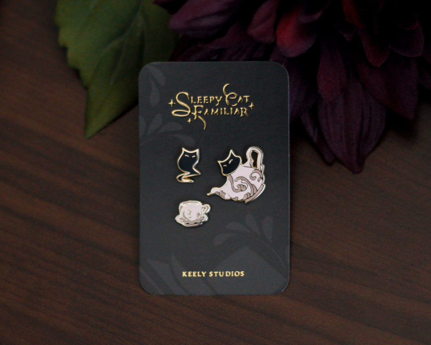 Sleepy Cat Familiar Ghost Tea Hard Enamel Mini Pin Set - Magical Fantasy Theme Lapel Pin - Mini Enamel Pin Set - Keely Studios