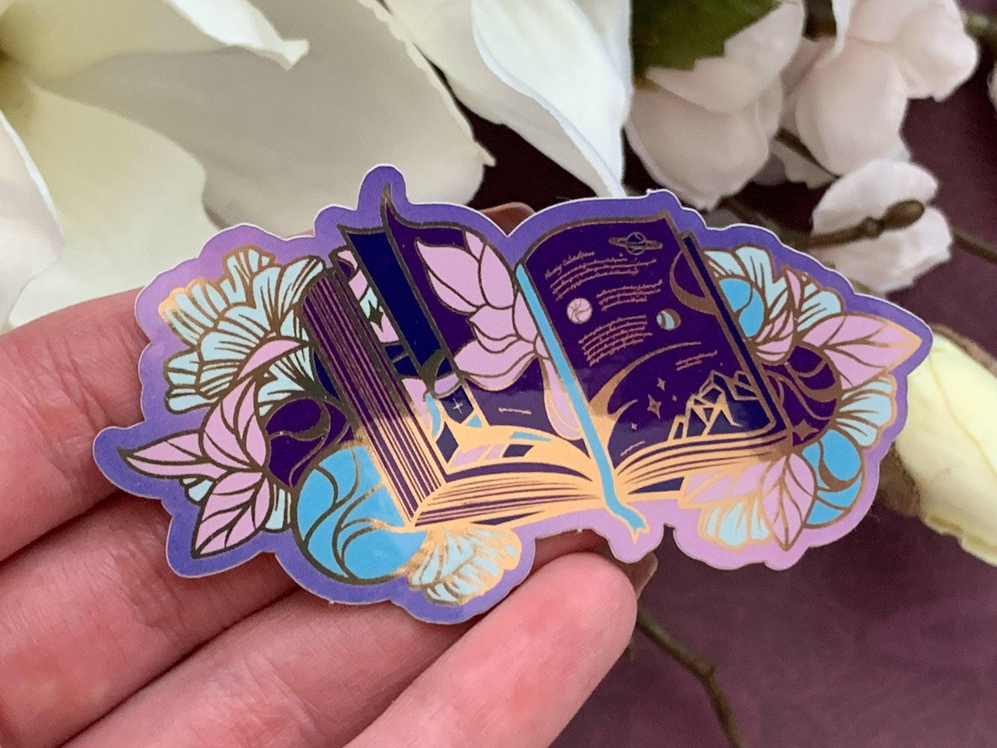 Tome of Celestial Gardening Die Cut Gold Mirror Effect Sticker - Book Die Cut Sticker - Magical Celestial Sticker - Keely Studios