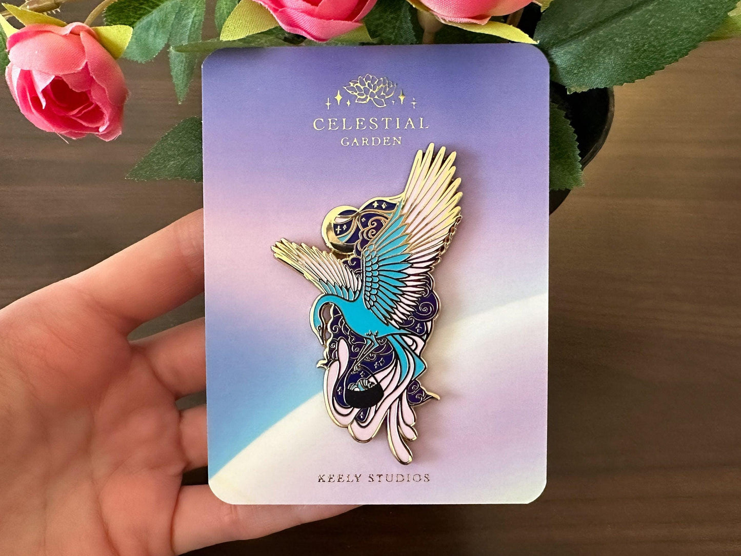 Gold Celestial Garden Astral Pheonix Hard Enamel Pin - Magical Galaxy Theme Enamel Pin - Bird Enamel Pin - Keely Studios