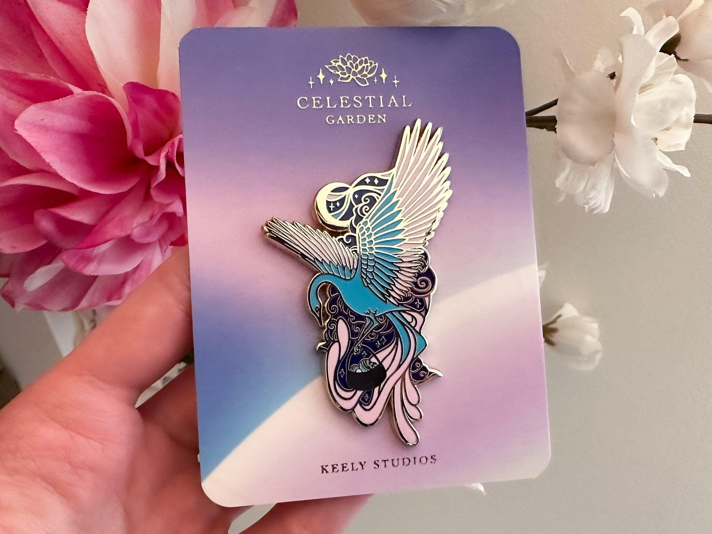 Gold Celestial Garden Astral Pheonix Hard Enamel Pin - Magical Galaxy Theme Enamel Pin - Bird Enamel Pin - Keely Studios