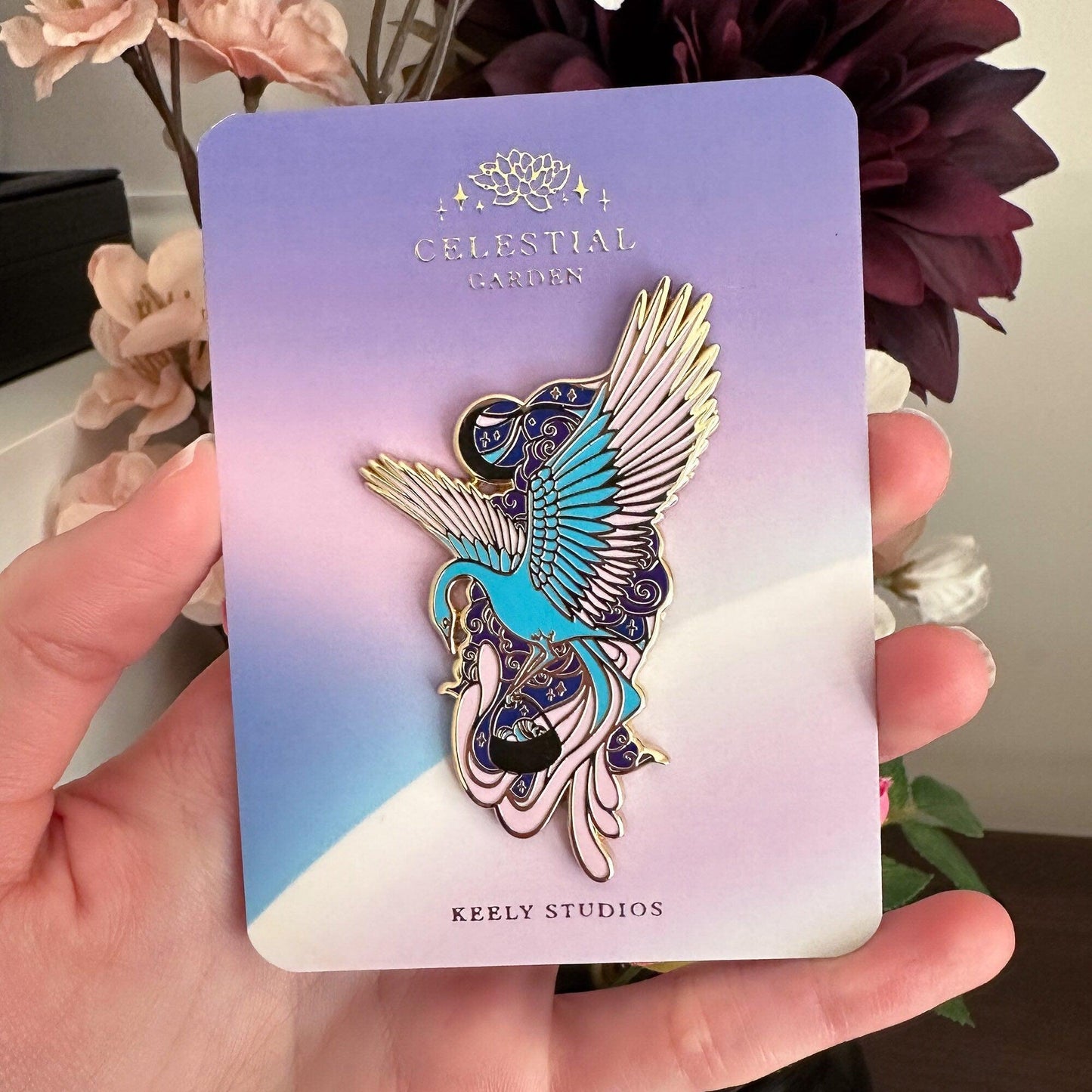 Gold Celestial Garden Astral Pheonix Hard Enamel Pin - Magical Galaxy Theme Enamel Pin - Bird Enamel Pin - Keely Studios
